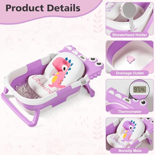 Image of Collapsible Baby Bathtub for Newborn, Foldable Baby Bath Tub with Thermometer & Soft Floating Cushion & Drain Hole, Portable Travel Infant Bath Tubs for Newborns to Toddlers 0-36 Months Girls