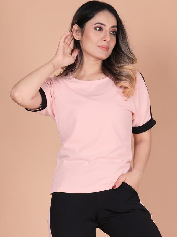 Image of DTR FASHION Polyester Blend Shoulder Stripes Tracksuit | Night Wear Suit For Women