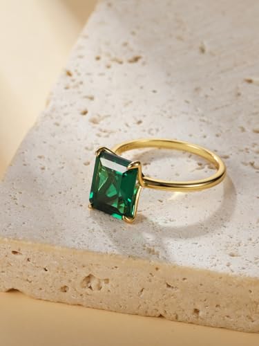 4ct 925 Sterling Silver Emerald-Cut Engagement Ring Simulated Emerald Solitaire Cubic Zirconia Wedding Ring Customizable Birthstone Rings for Mothers Valentines Thanksgiving Day Size 5-102