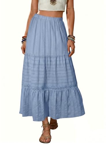 BLENCOT Women's Skirts High Waisted A-Line Cotton Maxi Skirt Blue Medium