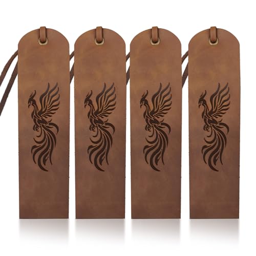MAYJOYDIY 4pcs Phoenix Totem Leather Bookmark Vintage Bird Leather Page Markers 5×18cm Ancient Flying Bird Handmade Book Mark for Book Reading Bookworms Writers Man Women Gifts