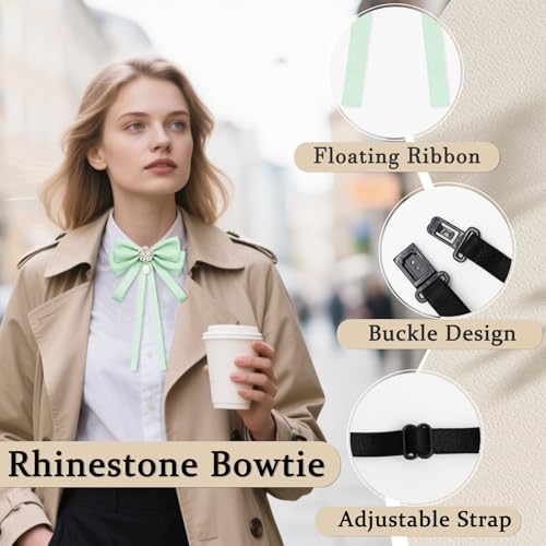 Womens Bow Tie Ribbon Rhinestone Bow Ties for Women Pre-Tied Uniform Necktie for Party School Wedding4