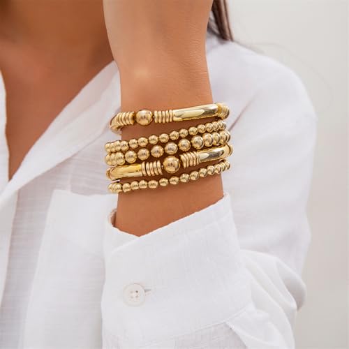 5Pcs Gold Bead Bracelets Set for Women,14K Gold Plated Stackable Bead Ball Bracelets Set,Adjustable Chunky Bangles Bracelets,Boho Stretch Bead Ball Bracelet for Women3