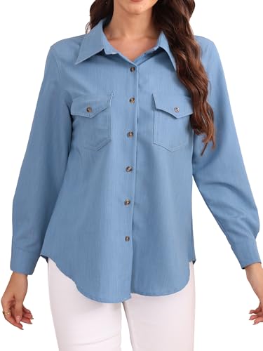 SUNNOW Women's Denim Shirt Button Down Blouse V Neck Casual Long Sleeve Tops Stretch Comfortable Shirt for Women