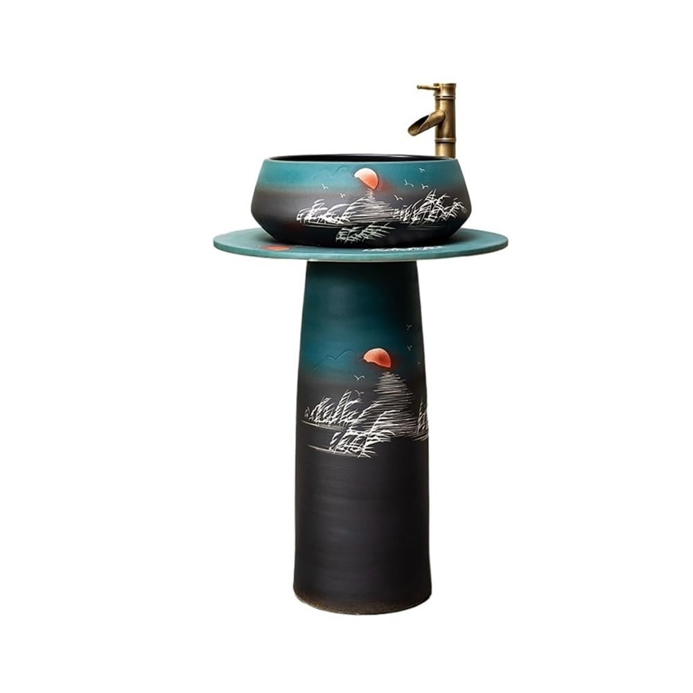 Free-Standing Freestanding Pedestal Sink Bathroom Ceramic Washbasin with Faucet and Drain Kit Lavatory Column