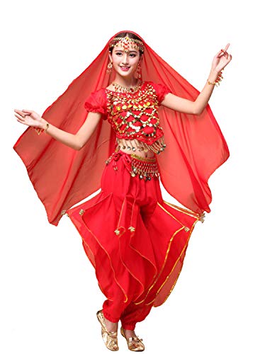 ORIDOOR Women's Halloween Costume Set Belly Dance Crop Top Pleated Harem Pants for Dress Up Party 5 Piece Outfit, Red, One Size
