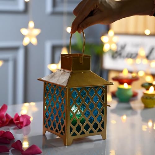 Image of MARKET 99 Metal & Glass Lantern Candle Holder with Blue Glass | Decorative Hanging & Tabletop Lantern for Diwali, Christmas, Weddings & Festive Home Decor | Golden & Blue Finish