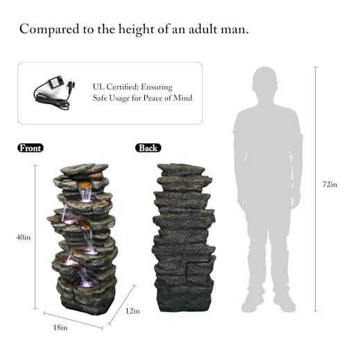 Image of SunJet 40 inch High 6-Tiers Cascading Rock Outdoor Water Fountain with LED Lights - Large Outdoor Fountains and Waterfalls for Garden or Patio, Yard, and Deck Decor, Featuring Natural Stone Look
