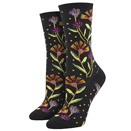 Women's Crew Socks Laurel Burch Wildflowers Black, One Pair, One Size Fits Most