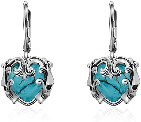 Heart Gothic Skull Head Dangle Earrings for Women S925 Sterling Silver Punk Dangling Earrings Embllished with Genuine or Simulated Turquoise Halloween Jewelry Gifts for Women Girls