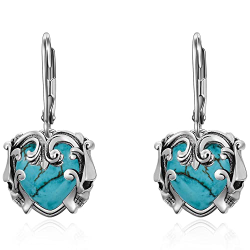 Heart Gothic Skull Head Dangle Earrings For Women S925 Sterling Silver Punk Dangling Earrings Embllished With Genuine Or Simulated Turquoise Halloween Jewelry Gifts For Women Girls #TOP2