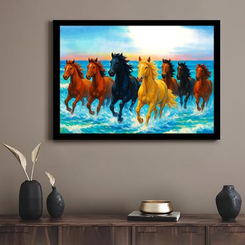 Image of 7 Running Horses Vastu Framed Wall Art Painting For Living Room | Ocean Sunrise Seven Horse Painting With Frame Symbol of Success & Positive Energy Wall Art for Home & Office, 10x12 Inch