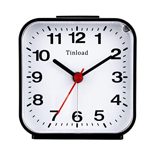 Tinload Small Battery Analog Alarm Clock Silent Non Ticking, Ascending Beep Sounds, Snooze,Light Functions (Black-B)
