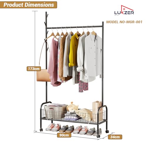 Image of Lukzer | MGR-001 | Black | Heavy-Duty Portable Metal Clothes Rack with Wheels & Bottom Shelf - Single Rod Garment Organizer Stand for Bedroom, Laundry, Hallway, Office & Dorm | 173 x 90 x 35 cm