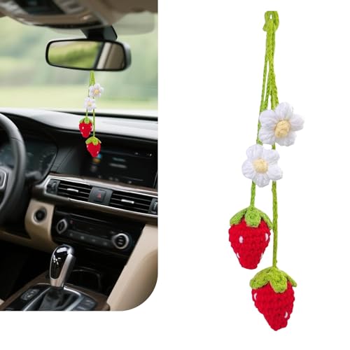 WZP Crochet Strawberry and Flower Car Hanging Ornaments, Cute Car Decor Accessories for Rearview Mirror, Handmade Knitted Car Decor Rearview Mirror Hanging Accessories for Women and Girls (Red)