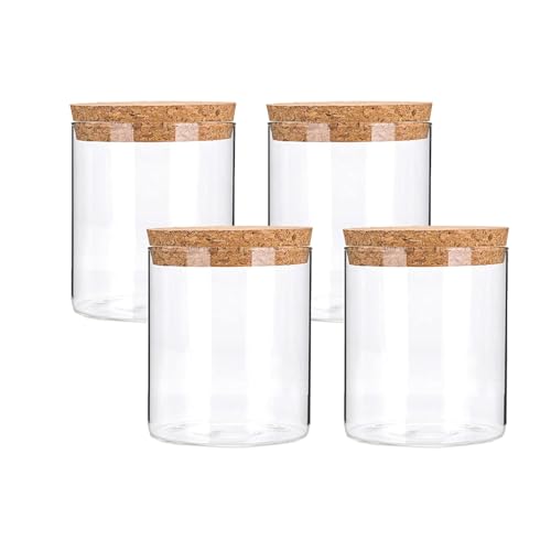 DNIENKGE Airtight Glass Storage Containers with cork Lid, for Kitchen Pantry Organization and Storage jar，Ideal for Coffee Beans Snacks Flour Cereal Sugar Tea 16oz. (Circular 3.9 * 3.3in*4pcs)