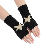 KASLCWA Mitaines sans Doigts en Forme D'étoile Imprimée, Chauffe Bras Tricotés avec Trou pour Les Pouces, Demi Doigts Gants, Impression D'étoiles Gants pour Femmes (Noir)
