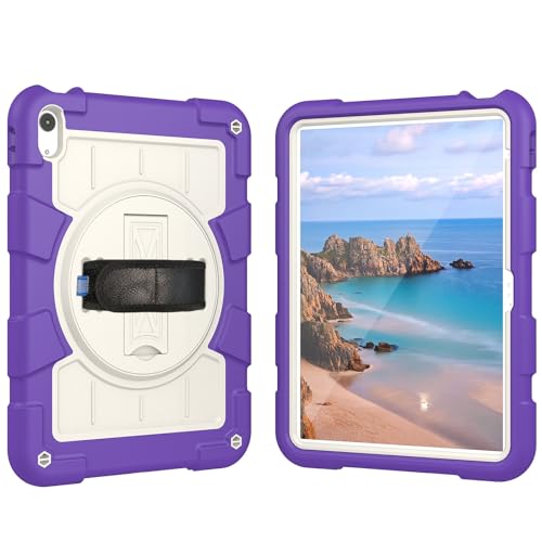 Coque antichoc iPad 10 violette avec béquille rotative 360 et dragonne ergonomique