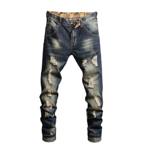 Men High Street Stretch Straight Denim Trousers Male Distressed Ripped Slim Fit Jeans