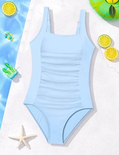 Image of BAVEDER Girls Swimsuit One Piece Swimsuits Solid Ruched Bathing Suit for Girls Full Coverage Modest Padded Swimwear 9-18y