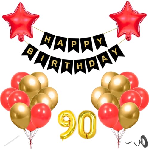 Image of Flyloons 90th Happy Birthday Decoration Kit Red Gold for Boys Girls Men Women Adults With 20 Pcs Chrome Balloons Birthday Banner 2 Pcs Star Items Set