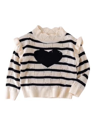 Floerns Toddler Girl's Striped Print Long Sleeve Knitted Pullover Heart Ruffle Trim Sweater