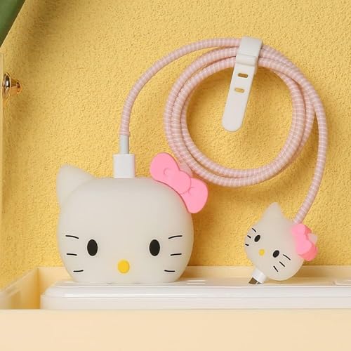 Image of VEROX 3D Pattern Wire Protector Compatible with iPhone 20W & 18W USB-C Charger Case Cover Cable Protector - White Cat