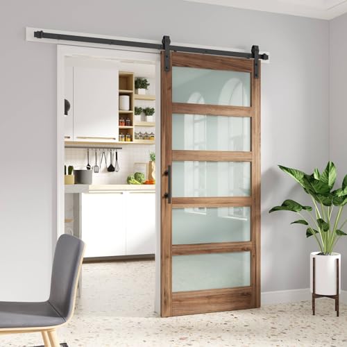 Image of FREDBECK 38 x 84 inch Glass Barn Door with 6.6FT Barn Door Hardware Kit Included,5-Panel Frosted Glass, Water-Proof Surface,Pre-Drilled Holes,Need Assembly,Fit 35in-37in Opening