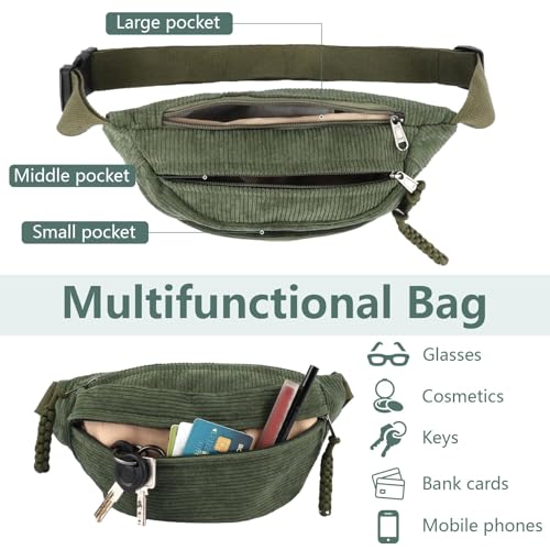 Cord Bauchtasche für Damen Herren, Modische Umhängetasche Crossbody Bag,Praktische Brusttasche Gürteltasche für Alltagsleben, Sport, Reisen, Laufen, Schule (Grün)