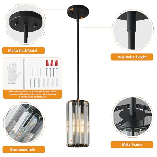 Image of Black Pendant Lighting Modern Pendant Light Mini Crystal Chandeliers Adjustable Pendant Light Fixture for Kitchen Island Dinning Room Corridor Bedroom(Black 1-Light)