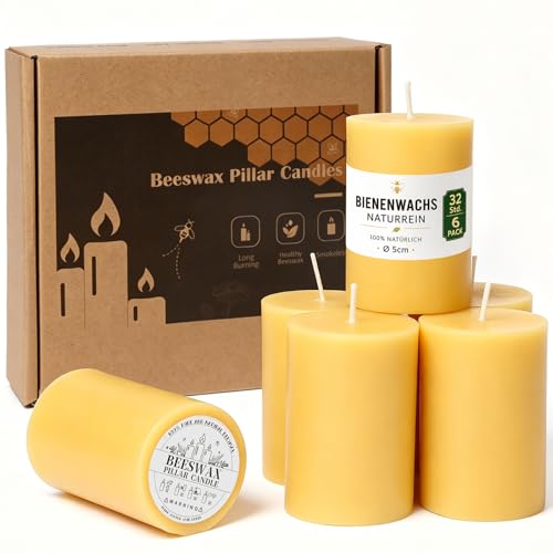 6er Pack 100% Bienenwachs Stumpenkerzen Natur - 32 Stunden Brenndauer -Tropffrei & Rußfrei für Entspannung & Deko - 5x7cm Bienenwachskerzen Gelb