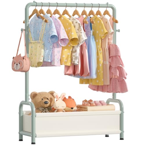 Kids Clothing Rack with Storage Shelf, Kids Dress Up Storage for Coats, Small Baby Garment Rack for Hanging Clothes, Toddler Wardrobe Closet Organizer (Classic, Green)