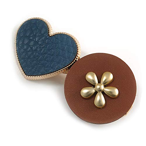 Pinza para el pelo de corazón y flor en piel sintética dorada de 60 mm azul y marrón