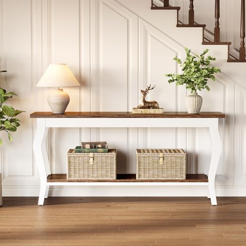 LITTLE TREE 70.9 Inches Long Console Table, 2-Tier Vintage Wooden Sofa Table Behind The Couch with Metal Legs for Hallway, Entryway, Living Room, Brown & White