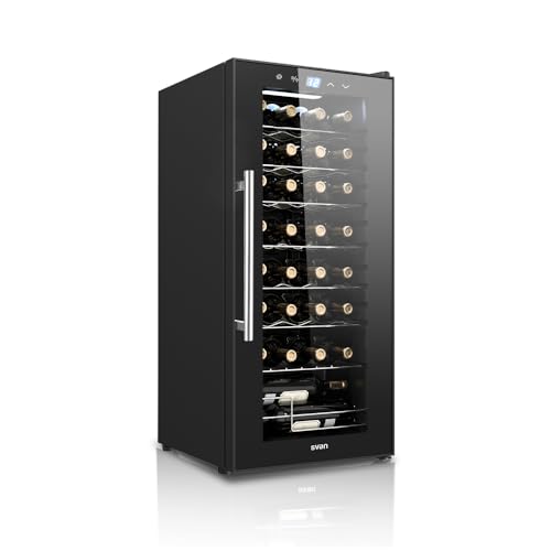SVAN Vinoteca 32 Botellas Negro SVN3200S. 65W, Display LED táctil, Pantalla Digital Exterior, 8 Rejillas Metálicas, Clase de Eficiencia Enérgetica G