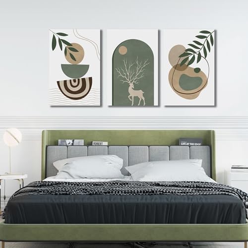 Image of Boho Sun Canvas Wall Art Set of 3, Neutral Abstract Minimalismt Bohemian Geometric & Botanical Plants Pictures Prints Artwork Paintings Wall Decor for Bedroom Living Room Home Decoration 24x36 inches
