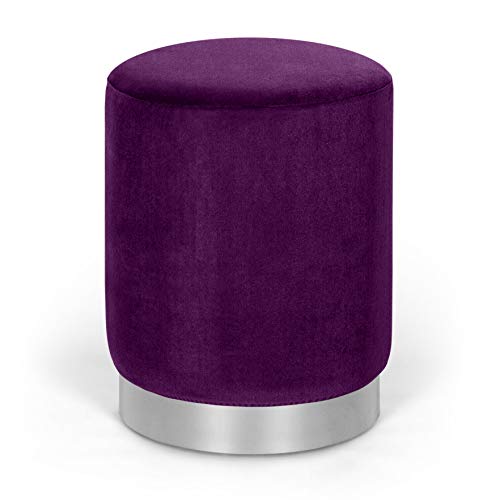 Intimates Milano Tabouret rond en peluche en velours avec bande chromée prune