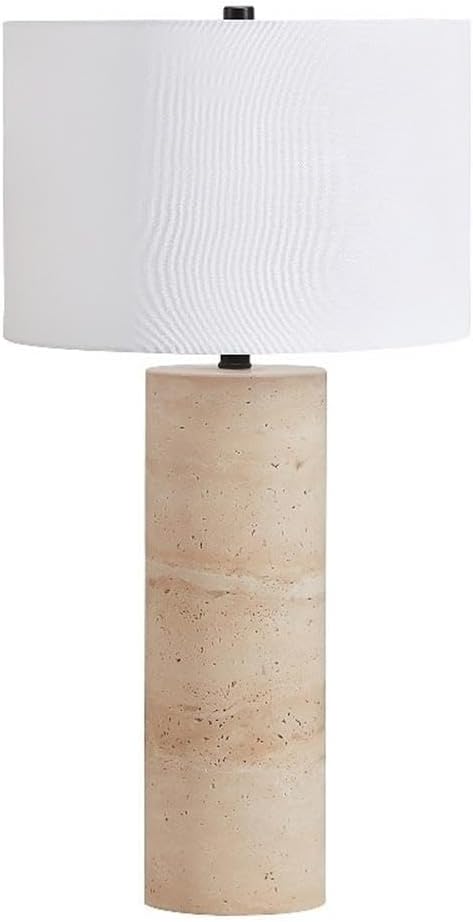 Pemberly Row 15 in Table Lamp, Natural Travertine Stone Base, White Drum Fabric Shade, Modern Design, Rotary Switch, 6 ft Cord, Eclectic Lighting for Living Room or Bedroom