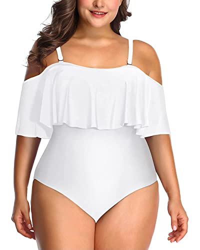 Daci Women Plus Size One Piece Swimsuits White Off Shoulder Ruffle Tummy Control Bathing Suits Swimwear White 20 Plus #TOP3