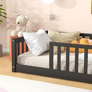 Toddler Twin Size Floor Bed with Fence for Kids,Solid Wood Bedframe,Easy to Assemble, No Box Spring Needed,Espresso Toddler Twin Size Floor Bed with Fence for KidsSolid Wood BedframeEasy to Assemble No Box Spring NeededEspresso