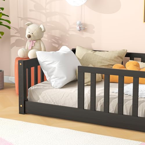 Toddler-Twin-Size-Floor-Bed-with-Fence-for-KidsSolid-Wood-BedframeEasy-to-Assemble-No-Box-Spring-NeededEspresso Toddler Twin Size Floor Bed with Fence for KidsSolid Wood BedframeEasy to Assemble No Box Spring NeededEspresso