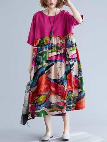 Image of Women's Oversized Dress Plus Size Summer Dress Artsy Print Pathwork | Loose, Oversized Cut Baggy Dresses. O Neck with Pockets. Breathable Viscose Fabric for Summer. Colorful Print Patchwork