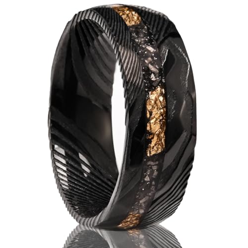 Black Damascus Steel Rings for Men 8mm Men's Engagement Wedding Bands Hammered Inlaid Gold Foil Meteorite Fragments Stylish Comfort Fit