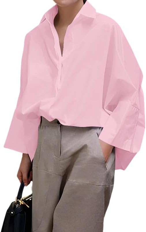 UOOZEE Womens Button Down Shirt Casual 3/4 Sleeve Loose Fit Collared Work Blouse Tops