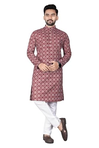 Men's Solid Cotton Regular Full Sleeve Printed Kurta (Large, black)