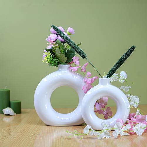Image of Modern Ceramic Donut Vase Set of 2 (White) | Minimalist Ring Shape Decorative Flower Vase for Living Room, Bedroom, Office & Table Decor (5,6 Inch)