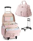 Marscamd Rolling Teacher Bag with Accordion File Organizer & 15.6" Laptop Compartment, Wheeled Work Briefcase Tote with Detachable Trolley & Crossbody Strap for Women, Pink