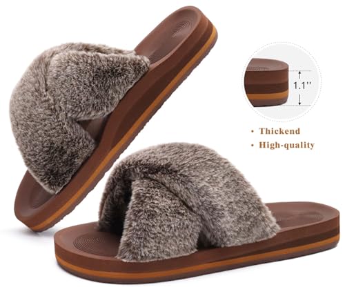 Image of COFACE Womens Fuzzy Slides Fluff Faux Fur Cross Slippers Open Toe Yoga Mat House Slipper Sandals With Arch Support For Indoor /Outdoor