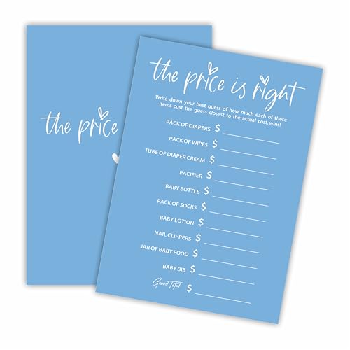 The Price Is Right - Baby Shower Game Cards - Minimalism Blue - 30 Double-Sided Fill In Style Game Cards For Gender Reveal, Baby Announcement, Party Games & Activity - C10