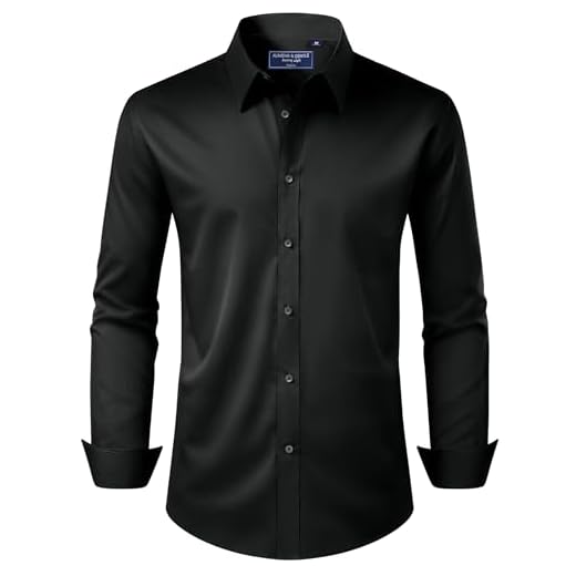 Alimens & Gentle Men's Dress Shirts Long Sleeve Regular Fit Stretch Stain Shield Business Wedding Casual Button Down Shirts,Black,Large